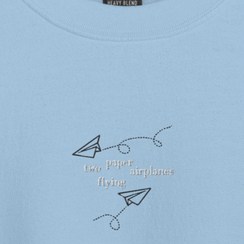 Two Paper Airplanes Flying - White/Black Thread Embroidery Crew Neck