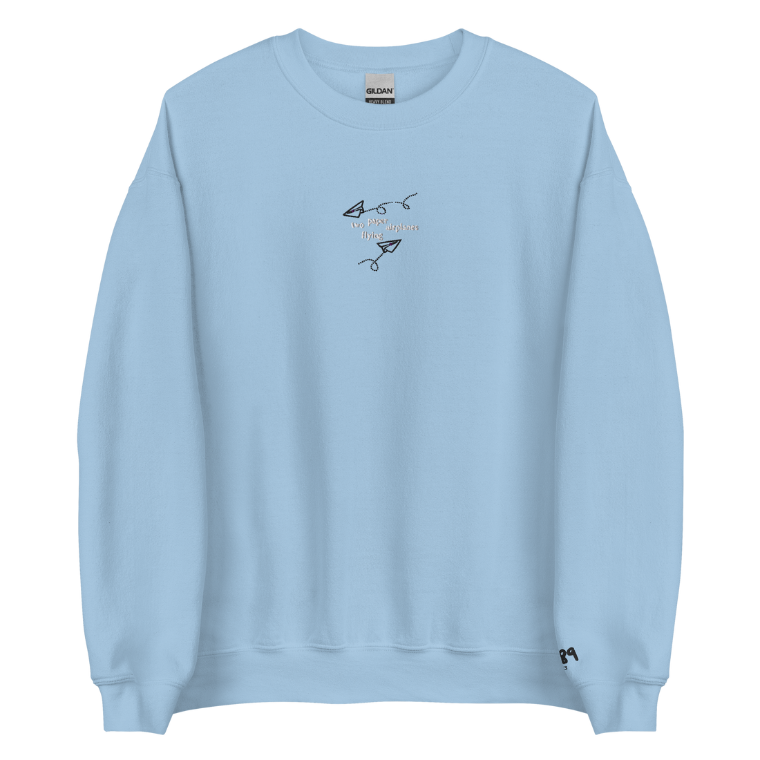 Two Paper Airplanes Flying - White/Black Thread Embroidery Crew Neck