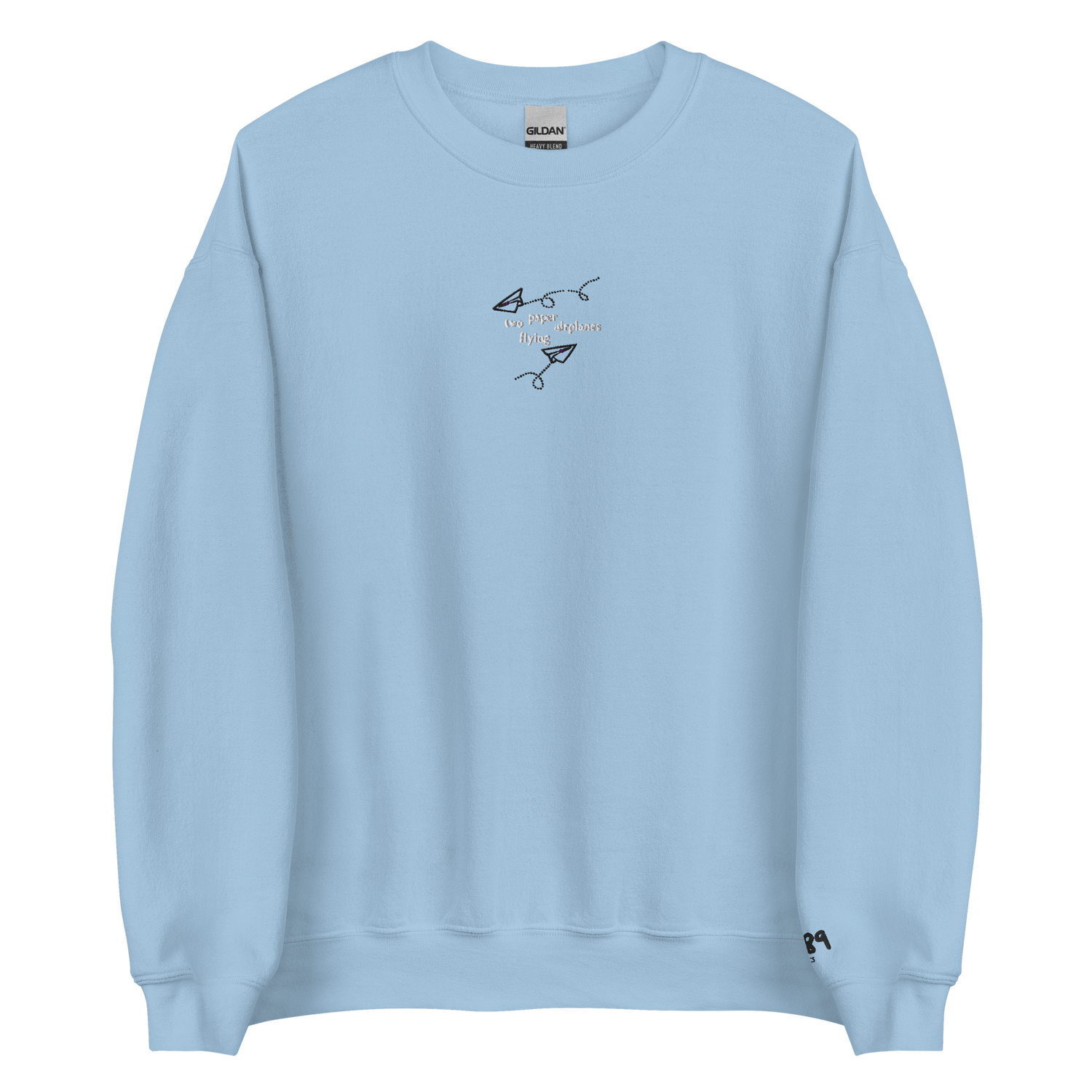 Two Paper Airplanes Flying - White/Black Thread Embroidery Crew Neck
