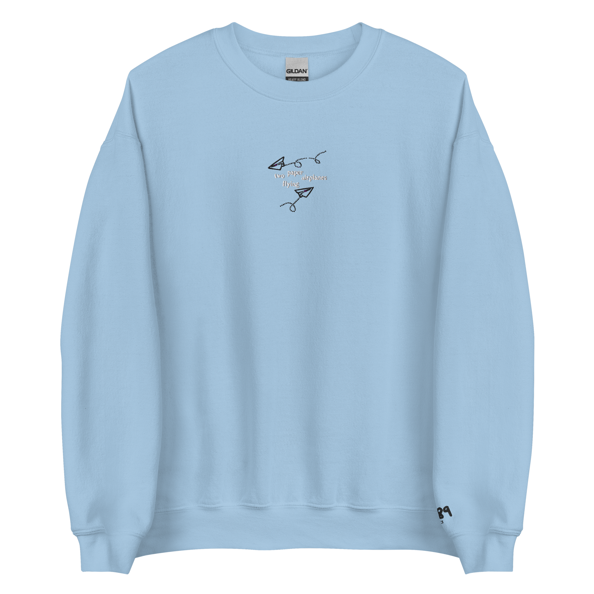 Two Paper Airplanes Flying - White/Black Thread Embroidery Crew Neck