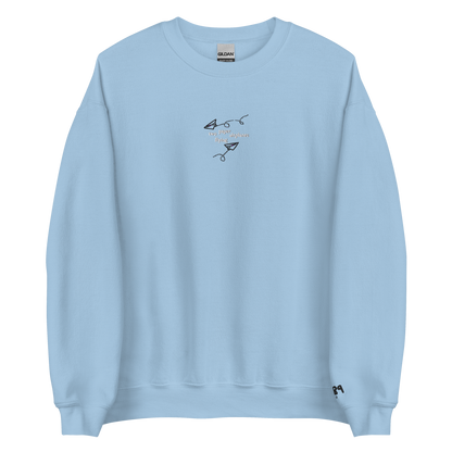 Two Paper Airplanes Flying - White/Black Thread Embroidery Crew Neck